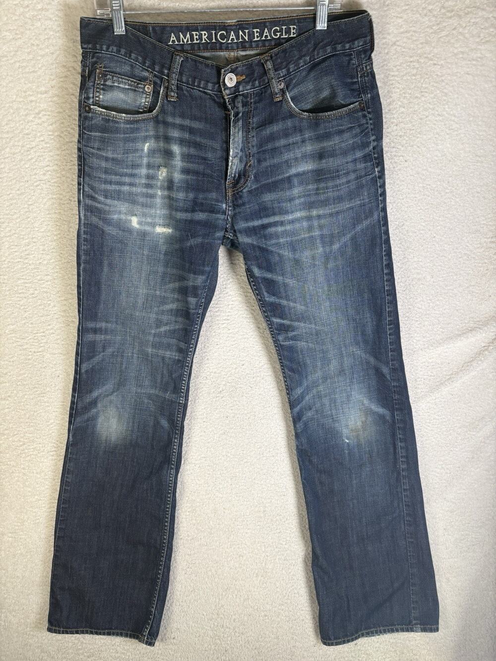 American Eagle Jeans Mens 32x34 FITS 34x32 Low Rise Bootcut Wallet Fade Whiskers